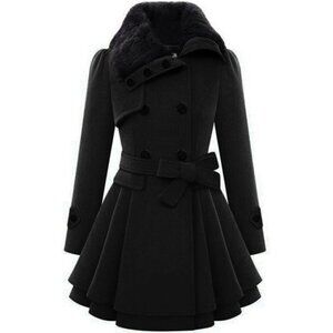 🆕Women's Black Zeagoo Winter Trench Coat Faux Fur Lapel Double Breasted Design